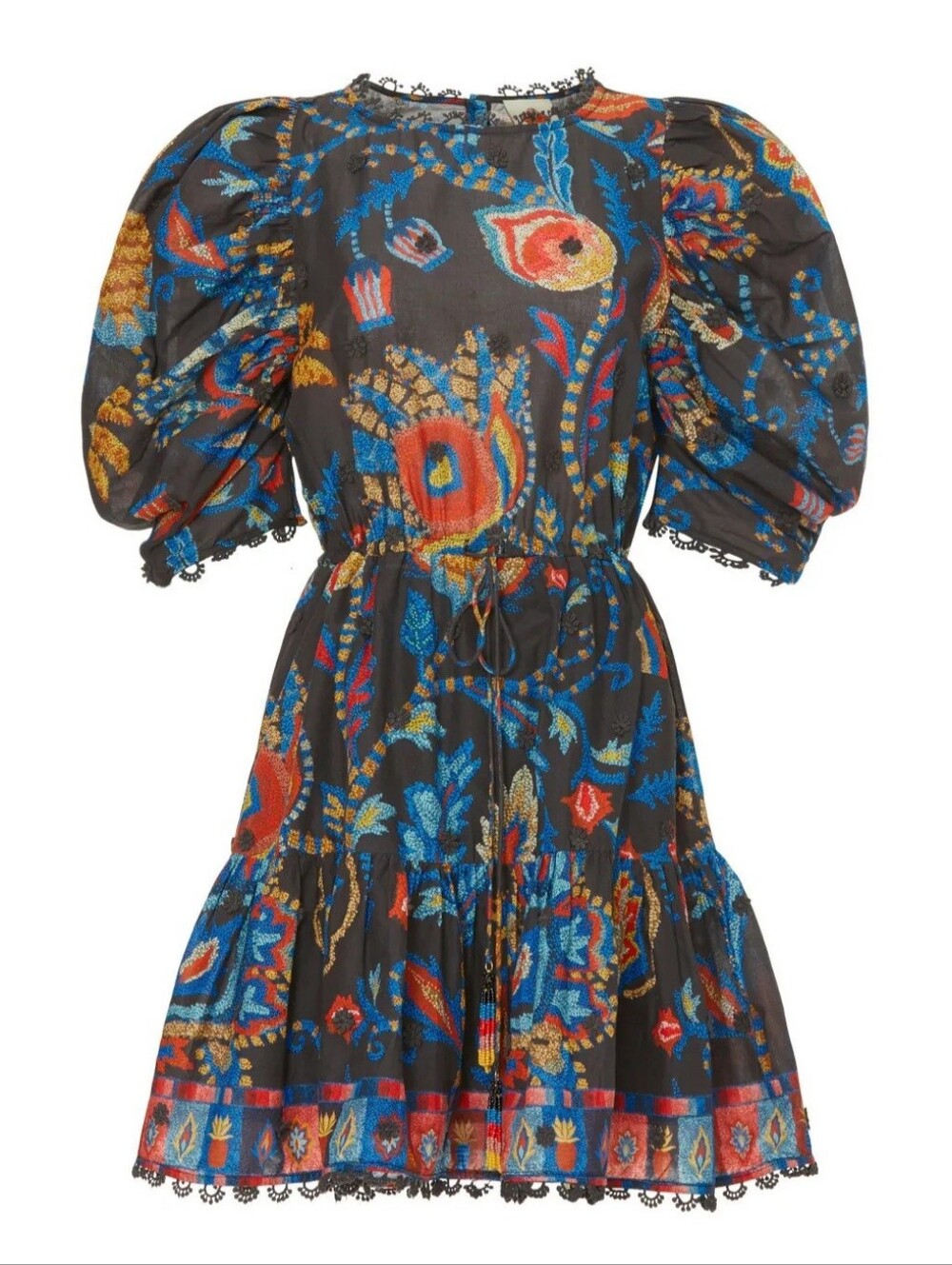 Farm Rio Ladies Black Floral Puff-Sleeve Mini Dress